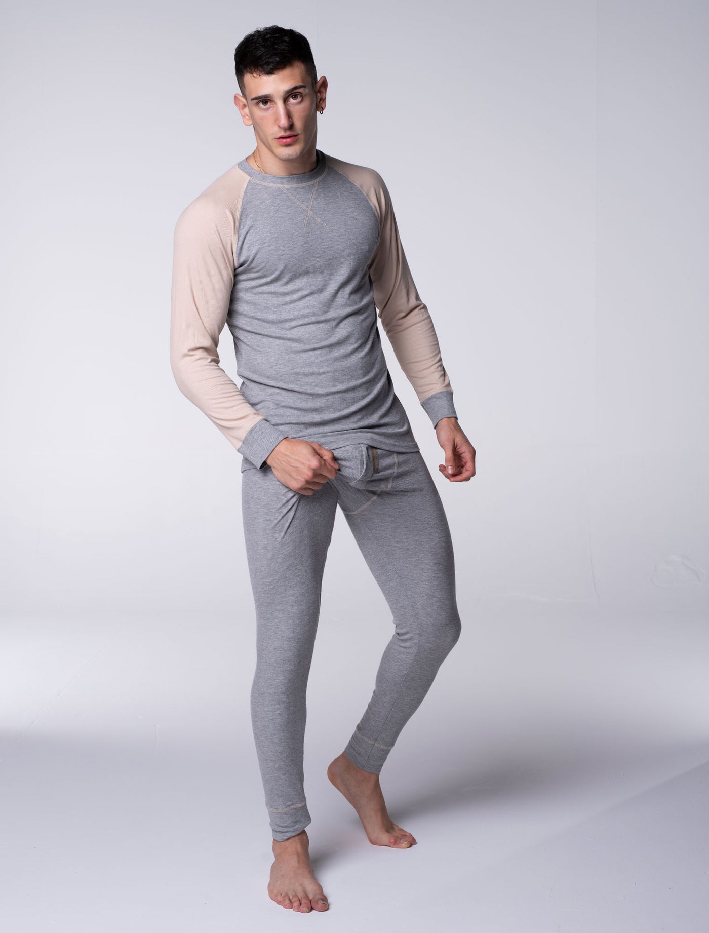 Mens Ribbed Pyjama Sets - Melange Grey