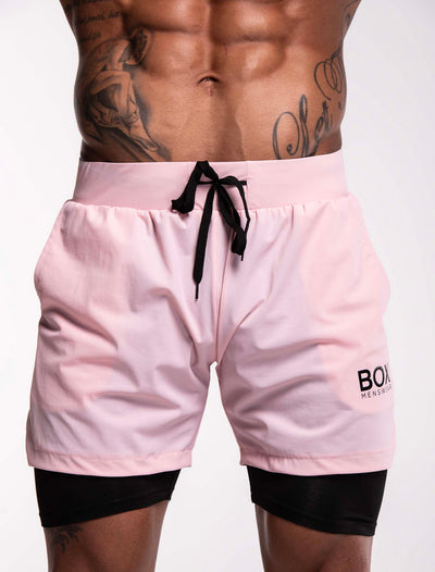 Mens Double Layer Sports Shorts - Pink